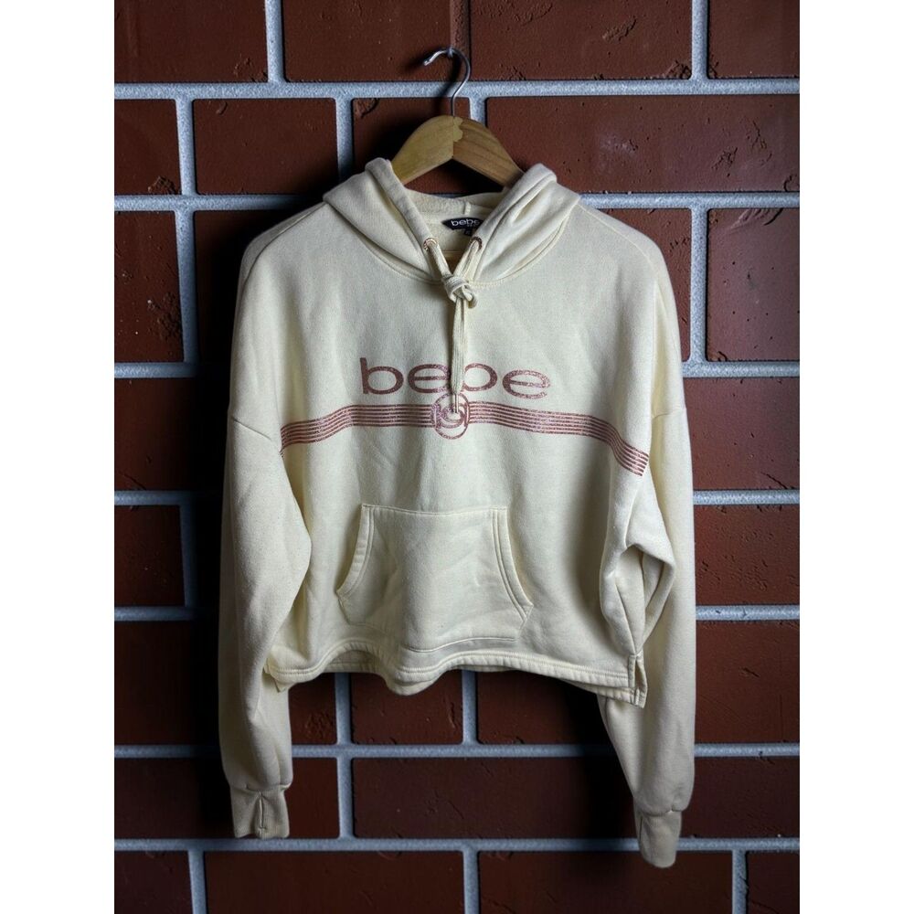 Bebe Sport Hoodie Womens XL Cream Pink Glitter Logo Y2K Pullover